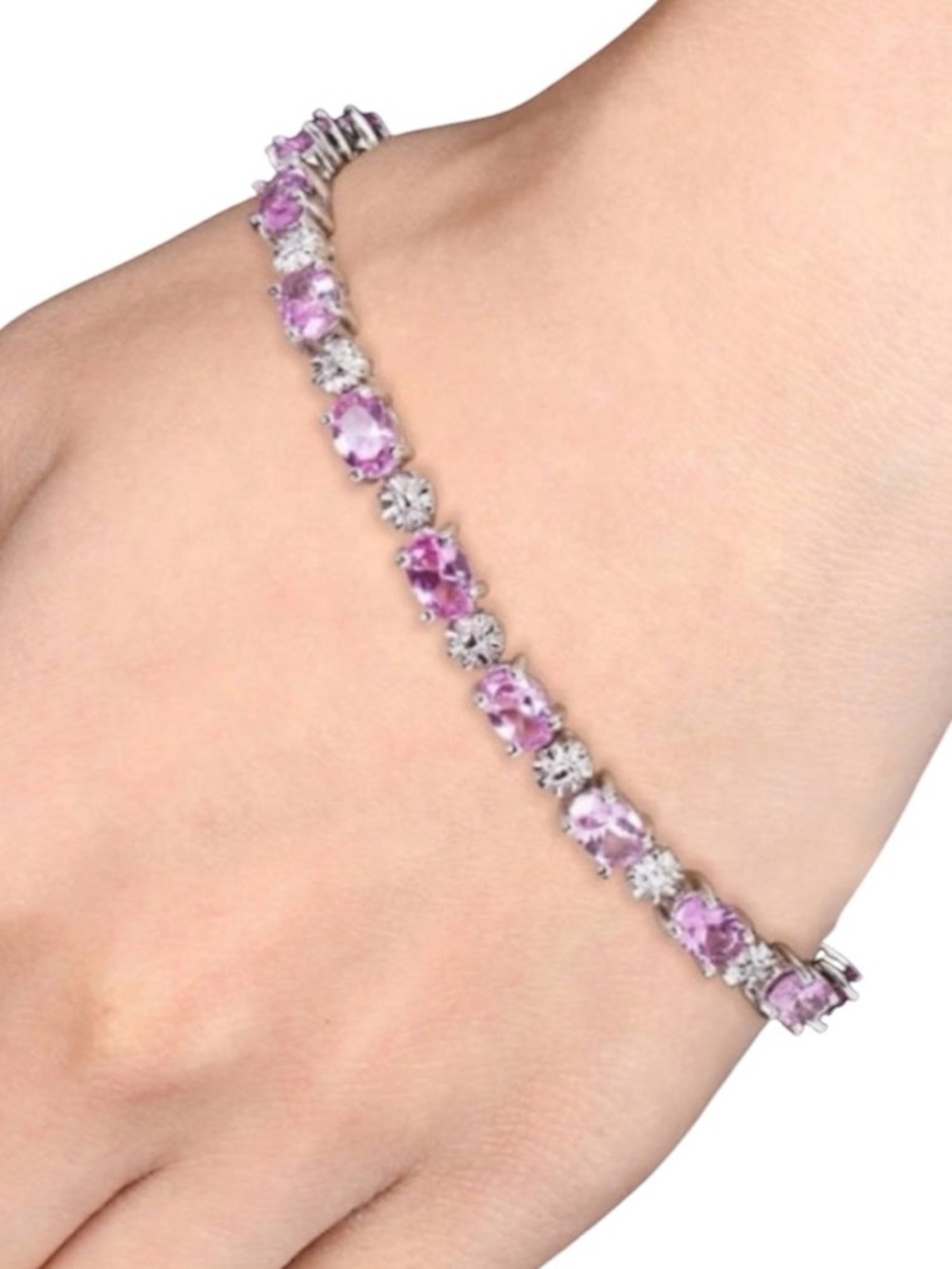 Pink Sapphire Silver Diamond Accent Tennis Bracelet